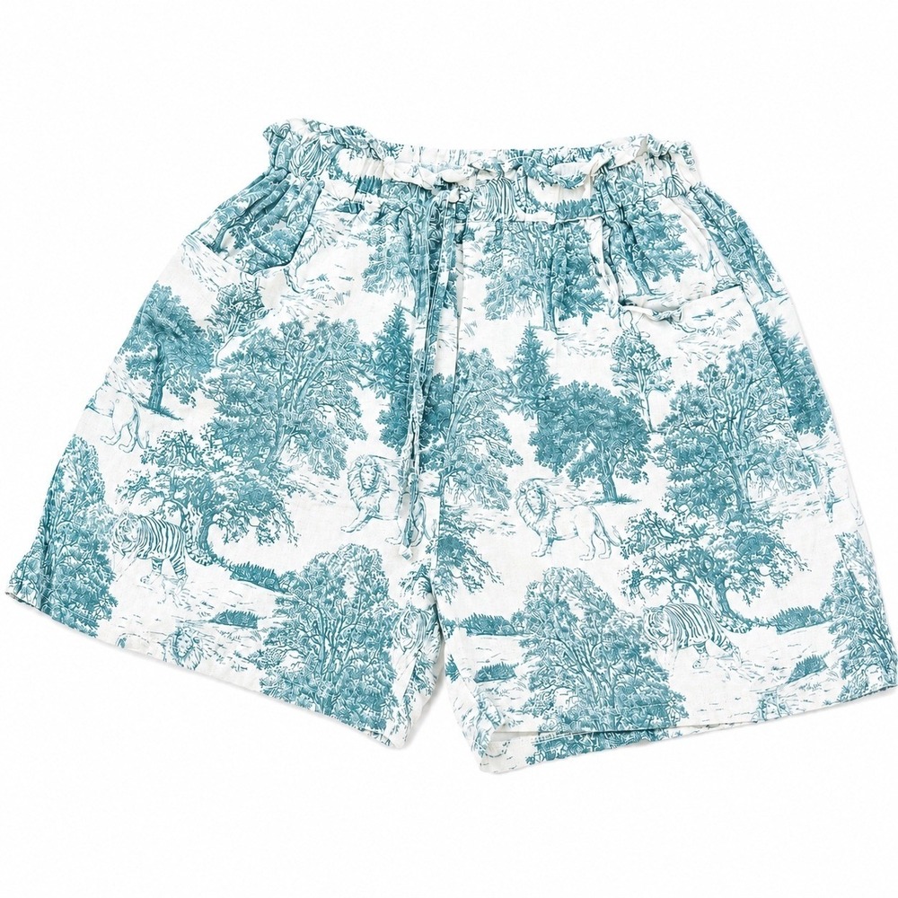 111%Lino Linen‎ Safari Print Shorts Made in Italy Elastic Waist Teal & White M